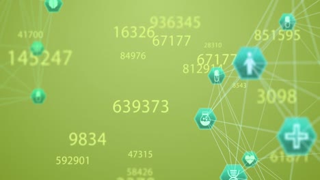 Animation-of-multiple-changing-numbers-and-globes-of-medical-icons-spinning-against-green-background