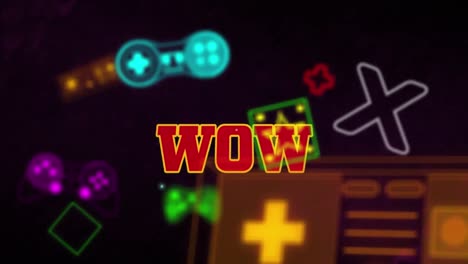 Animation-Eines-Wow-Textbanners-über-Mehreren-Videospiel-Controller-Symbolen-Vor-Schwarzem-Hintergrund