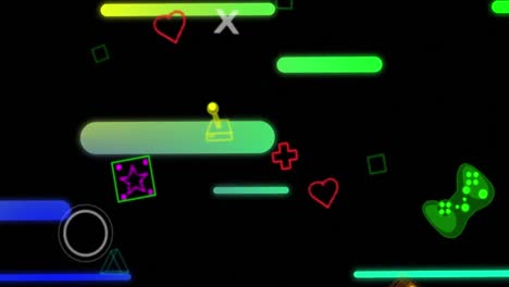 Animation-Von-Farbverlaufslichtspuren-Und-Neonfarbenen-Videospiel-Controller-Symbolen-Vor-Schwarzem-Hintergrund
