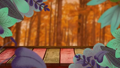 Animation-of-leaves-pattern-over-wooden-plank-against-trees-in-the-park-with-copy-space