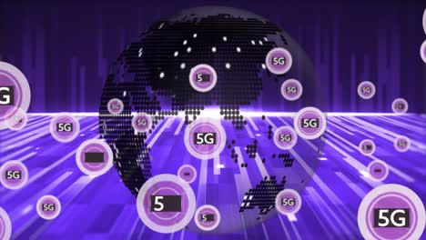 Animation-of-network-of-5g-text-over-globe-and-purple-light-trails