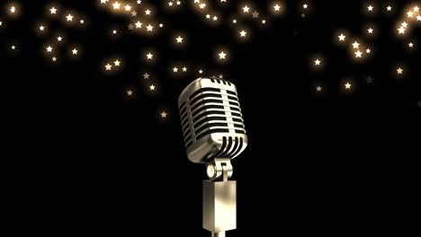 Animation-of-shining-star-icons-falling-over-microphone-against-black-background-with-copy-space