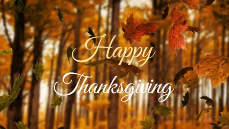 Animation-of-happy-thanksgiving-text-banner-and-autumn-leaves-floating-against-trees-in-the-park