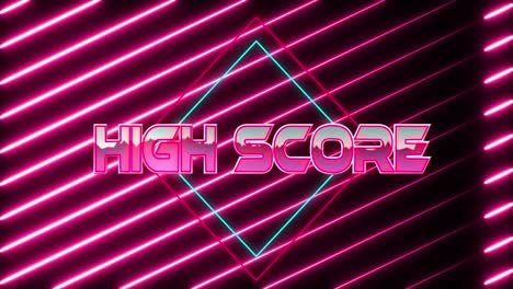 Animation-of-high-score-text-over-neon-banner-against-neon-pink-light-trails-in-seamless-pattern