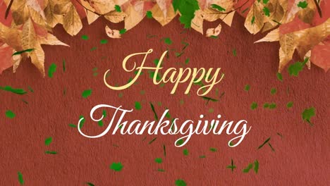 Animation-of-happy-thanksgiving-text-banner-and-autumn-leaves-floating-against-pink-background