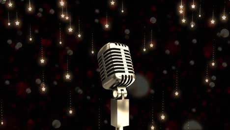 Animation-of-microphone-over-shining-stars,-spots-of-light-against-black-background-with-copy-space