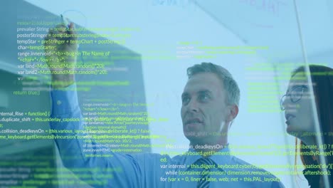 Animation-of-data-processing-over-diverse-man-and-woman-discussing-over-glassboard-at-office