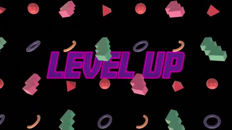 Animation-of-level-up-text-banner-over-abtract-3d-shapes-in-seamless-pattern-on-black-background