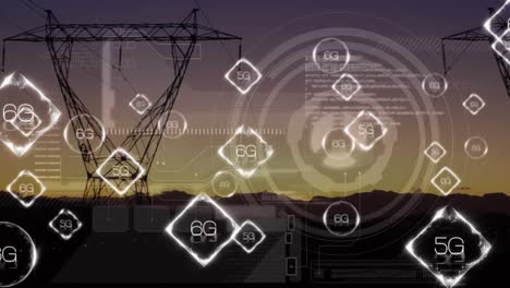 Animation-of-network-of-6g-and-5g-text-over-landscape-with-electric-pylons