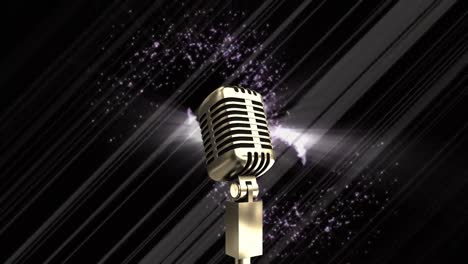 Animation-Des-Mikrofons-über-Violetten-Sternschnuppen,-Die-Sich-Vor-Schwarzem-Hintergrund-Mit-Kopierraum-Drehen