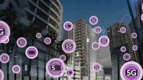 Animation-of-network-of-4g-and-5g-text-over-cityscape