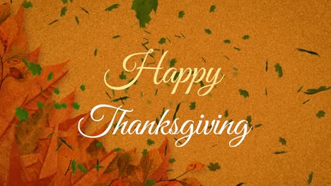 Animation-of-happy-thanksgiving-text-banner-and-autumn-leaves-floating-against-orange-background