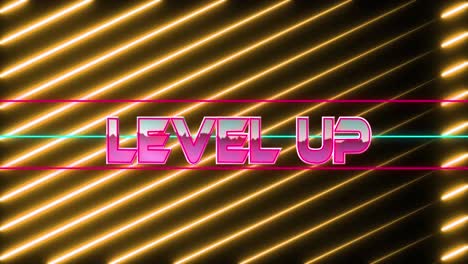 Animation-of-level-up-text-over-neon-banner-against-neon-yellow-light-trails-in-seamless-pattern