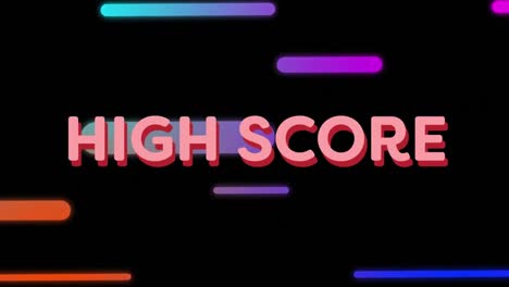 Animation-of-high-score-text-banner-over-gradient-light-trails,-abstract-shapes-on-black-background