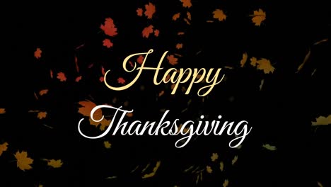 Animation-of-happy-thanksgiving-text-banner-and-autumn-leaves-floating-against-black-background