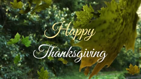 Animation-of-happy-thanksgiving-text-banner-and-autumn-leaves-falling-against-park