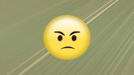 Animation-of-angry-face-emoji-over-light-trails-against-grey-background-with-copy-space