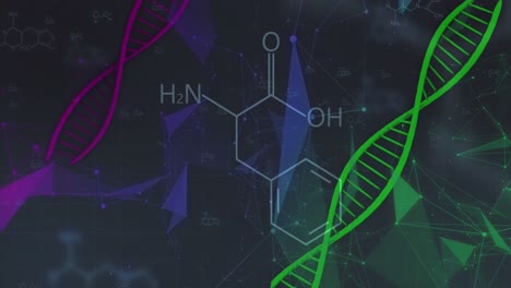 Rotierender-Grüner-DNA-Strang-über-Elementstrukturen-Und-Datennetzen-Auf-Dunklem-Hintergrund