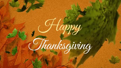 Animation-of-happy-thanksgiving-text-banner-and-autumn-leaves-falling-against-orange-background