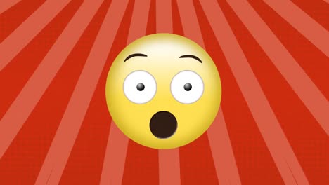 Animation-of-surprised-face-emoji-against-radial-rays-in-seamless-pattern-on-red-background