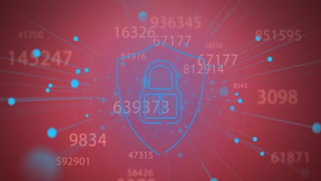 Animation-of-multiple-changing-numbers,-blue-spots-and-security-padlock-icon-on-red-background