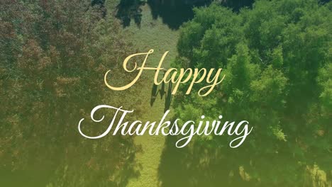 Animation-of-happy-thanksgiving-text-banner-against-aerial-view-of-forest-park