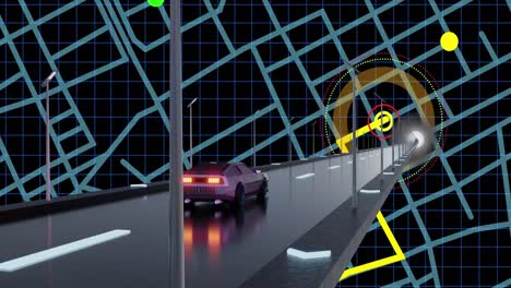 Animation-Der-Digitalen-Schnittstelle-Mit-Karte-über-Autofahren