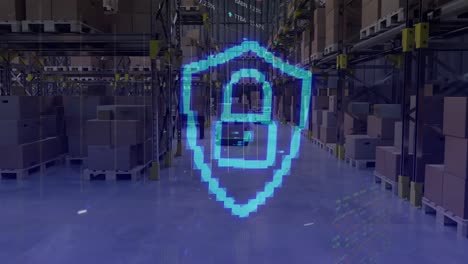 Animation-of-shield-with-padlock-and-data-processing-over-warehouse