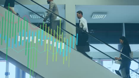 Animation-of-statistical-data-processing-against-diverse-businesspeople-climbing-stairs-at-office