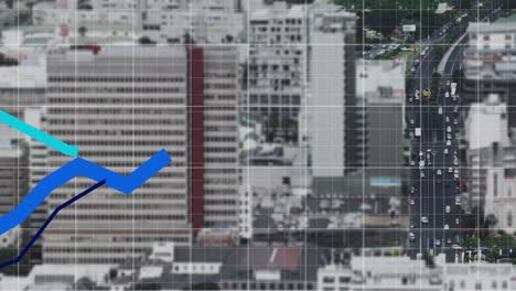 Animation-Blauer-Linien-Und-Finanzdatenverarbeitung-über-Dem-Stadtbild