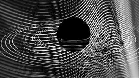 Schwarzer-Kreis-über-Sich-Bewegenden-Weißen-Parallelen-Linienwellen-Auf-Schwarzem-Hintergrund