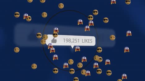 Animation-of-likes-growing-number-over-emoji-icons-on-blue-background
