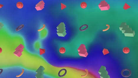 Formas-Abstractas-En-3D-Flotando-Sobre-Ondas-De-Humo-Amarillas,-Azules-Y-Verdes