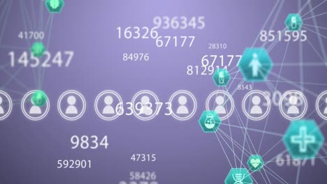 Animation-of-changing-numbers,-profile-icons,-spinning-globes-of-medical-icons-on-purple-background