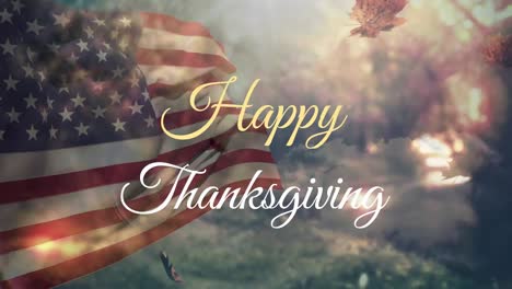 Animation-of-happy-thanksgiving-text-banner-and-autumn-leaves-falling-against-waving-usa-flag