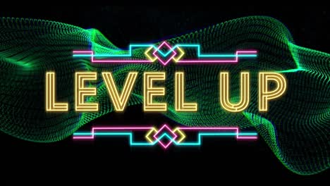 Animation-of-neon-level-up-text-banner-over-glowing-green-digital-wave-against-black-background