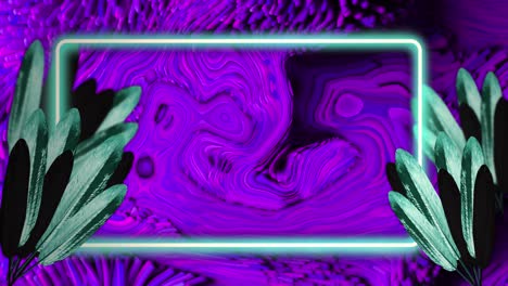 Leaves-and-flashing-neon-rectangle-over-purple-liquid-swirl-background