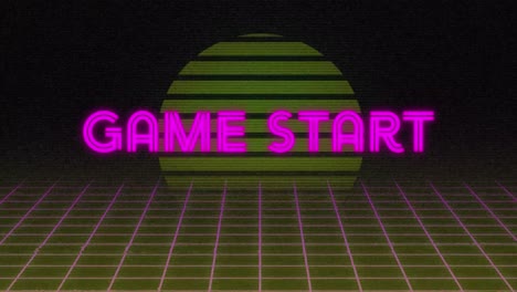 Animation-of-neon-purple-game-start-text-banner-over-grid-network-against-circular-shape