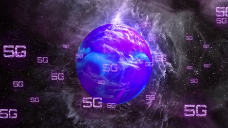 Animation-of-network-of-5g-text-over-globe-and-light-trails