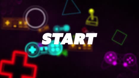 Animation-Des-Starttextbanners-über-Mehreren-Neonfarbenen-Videospiel-Controller-Symbolen-Auf-Schwarzem-Hintergrund