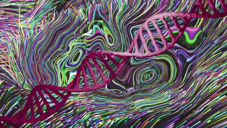 Rotating-red-dna-strand-over-multicoloured-liquid-wave-background