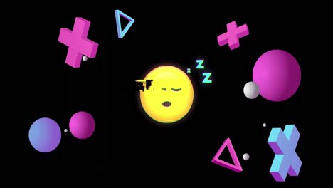 Animation-of-emoji-icons-with-interference-over-shapes-on-black-background