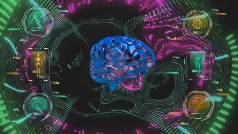 Blaue-Gehirn--Und-Medizinische-Schnittstellenbildschirme-über-Verzerrenden-Datenladelichtern