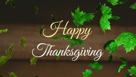 Animation-of-happy-thanksgiving-text-banner-and-autumn-leaves-floating-against-wooden-background