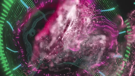 Pink-particles-waves-moving-over-blue-and-green-data-lights-on-black-background