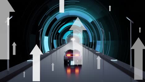 Animation-of-digital-interface-with-arrows-over-car-driving