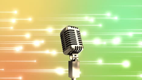 Animation-of-microphone-over-glowing-light-trails-against-pink-and-green-gradient-background