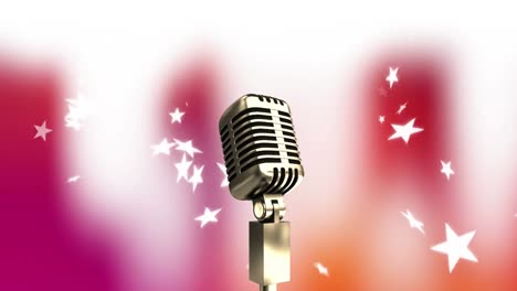 Animation-of-microphone-over-star-icons-falling-against-pink-gradient-background-with-copy-space