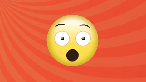 Animation-of-surprised-face-emoji-against-radial-rays-in-seamless-pattern-on-orange-background