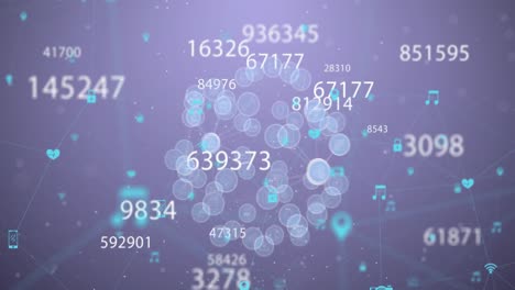 Animation-of-multiple-changing-numbers-and-spinning-globe-of-digital-icons-against-purple-background